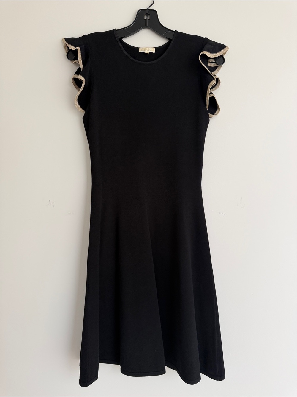 Sharagano Black Midi Dress with Cream-Trim Ruffle Sleeves